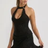 Rochie mini A-line cu corset drapat și decorațiuni Ethelie, negru