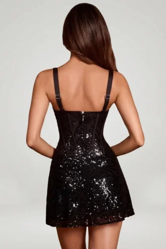 Rochie mini A-line cu corset și decupaje Benedetta, decorată cu imprimeu zebră negru Rochie mini A-line cu corset și decupaje Benedetta, decorată cu imprimeu zebră negru