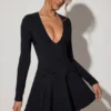 Rochie mini A-line cu decolteu adânc și detaliu fundă Graciela, negru