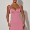 Rochie mini A-line cu decolteu în formă de inimă și gât halter Lenore, în roz praf