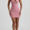Rochie mini A-line cu decolteu în formă de inimă și gât halter Lenore, în roz praf