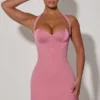 Rochie mini A-line cu decolteu în formă de inimă și gât halter Lenore, în roz praf