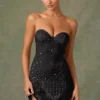 Rochie mini A-line cu decolteu în formă de inimă și ornamente Viela, în negru