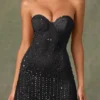 Rochie mini A-line cu decolteu în formă de inimă și ornamente Viela, în negru