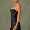 Rochie mini A-line cu decolteu în formă de inimă și ornamente Viela, în negru