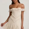 Rochie mini A-line cu decupaje și umeri decupați Nahida, de culoare ivoriu