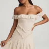Rochie mini A-line cu decupaje și umeri decupați Nahida, de culoare ivoriu