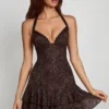 Rochie mini A-line cu gât halter și ornamente Costanza, cu imprimeu șarpe Hotfix