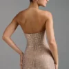 Rochie mini A-line cu gât halter și ornamente Lasma, culoare Almond