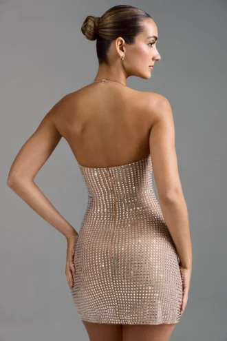 Rochie mini A-line cu gât halter și ornamente Lasma, culoare Almond Rochie mini A-line cu gât halter și ornamente Lasma, culoare Almond