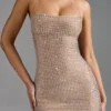 Rochie mini A-line cu gât halter și ornamente Lasma, culoare Almond