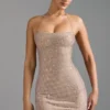 Rochie mini A-line cu gât halter și ornamente Lasma, culoare Almond