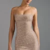 Rochie mini A-line cu gât halter și ornamente Lasma, culoare Almond