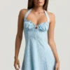Rochie mini A-line cu gât halter Nerine, cu imprimeu floral albastru Rochie mini A-line cu gât halter Nerine, cu imprimeu floral albastru