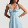 Rochie mini A-line cu gât halter Nerine, cu imprimeu floral albastru Rochie mini A-line cu gât halter Nerine, cu imprimeu floral albastru