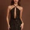 Rochie mini A-line cu guler halter și decorațiuni Zelinda, în model șarpe maro