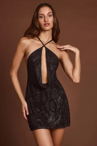 Rochie mini A-line cu guler halter și decorațiuni Zelinda, negru Rochie mini A-line cu guler halter și decorațiuni Zelinda, negru