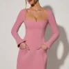 Rochie mini A-line cu guler în formă de inimă și mâneci lungi Corinne, în roz prăfuit
