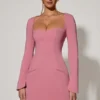 Rochie mini A-line cu guler în formă de inimă și mâneci lungi Corinne, în roz prăfuit