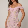 Rochie mini A-line cu șireturi și ornamente Jacira, în roz pal