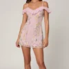 Rochie mini A-line cu șireturi și ornamente Jacira, în roz pal