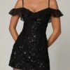 Rochie mini A-line cu șireturi și ornamente Jacira, negru