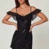 Rochie mini A-line cu șireturi și ornamente Jacira, negru