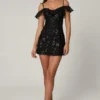Rochie mini A-line cu șireturi și ornamente Jacira, negru