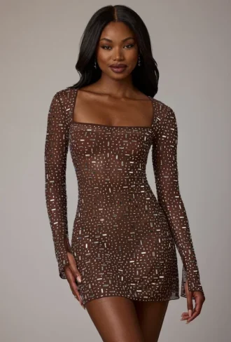 Rochie mini A-line cu mâneci lungi și decorațiuni transparente Zeta, în culoarea Deep Cocoa Rochie mini A-line cu mâneci lungi și decorațiuni transparente Zeta, în culoarea Deep Cocoa