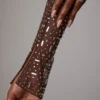 Rochie mini A-line cu mâneci lungi și decorațiuni transparente Zeta, în culoarea Deep Cocoa