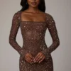 Rochie mini A-line cu mâneci lungi și decorațiuni transparente Zeta, în culoarea Deep Cocoa
