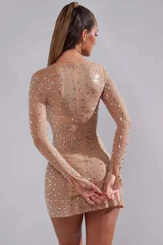 Rochie mini A-line cu mâneci lungi și ornamente transparente Zeta, culoare Almond Rochie mini A-line cu mâneci lungi și ornamente transparente Zeta, culoare Almond