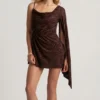 Rochie mini A-line cu o mânecă Angelie Devoré în culoarea ciocolatei negre