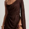 Rochie mini A-line cu o mânecă Angelie Devoré în culoarea ciocolatei negre