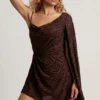 Rochie mini A-line cu o mânecă Angelie Devoré în culoarea ciocolatei negre