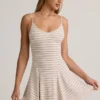 Rochie mini A-line cu spate legat, din modal cu nervuri, în dungi roz și galben
