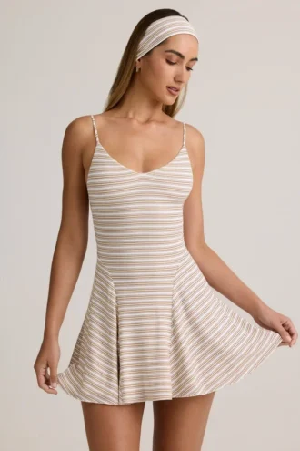 Rochie mini A-line cu spate legat, din modal cu nervuri, în dungi roz și galben