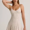 Rochie mini A-line cu spate legat, din modal cu nervuri, în dungi roz și galben
