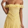Rochie mini A-line cu umeri decupați din dantelă, de la Nahida, în galben pastel