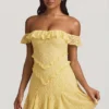 Rochie mini A-line cu umeri decupați din dantelă, de la Nahida, în galben pastel