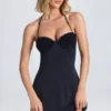 Rochie mini A-line cu volane aplicate Jaeda, cu gât halter, în negru Rochie mini A-line cu volane aplicate Jaeda, cu gât halter, în negru