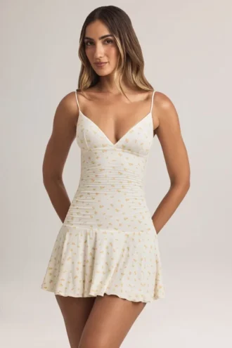 Rochie mini A-line cu volane din modal Kelbie, cu imprimeu floral