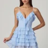 Rochie mini A-line cu volane și șireturi Lolina, albastru pudră
