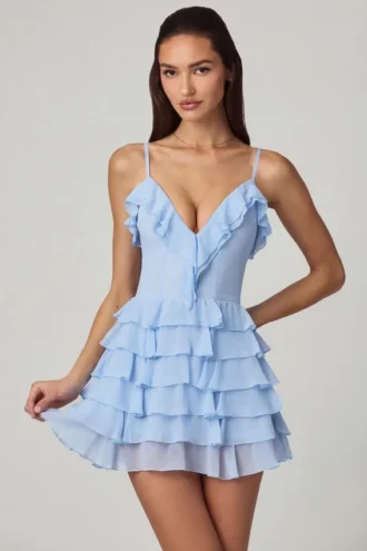 Rochie mini A-line cu volane și șireturi Lolina, albastru pudră