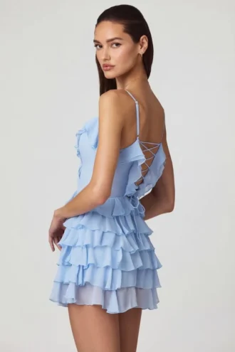 Rochie mini A-line cu volane și șireturi Lolina, albastru pudră