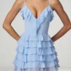 Rochie mini A-line cu volane și șireturi Lolina, albastru pudră