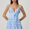 Rochie mini A-line cu volane și șireturi Lolina, albastru pudră