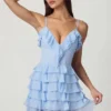 Rochie mini A-line cu volane și șireturi Lolina, albastru pudră