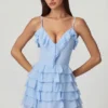 Rochie mini A-line cu volane și șireturi Lolina, albastru pudră