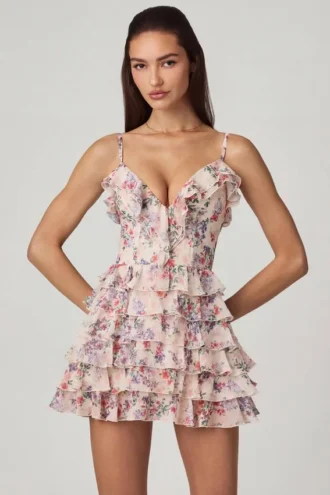 Rochie mini A-line cu volane și șireturi Lolina, cu imprimeu floral Primrose